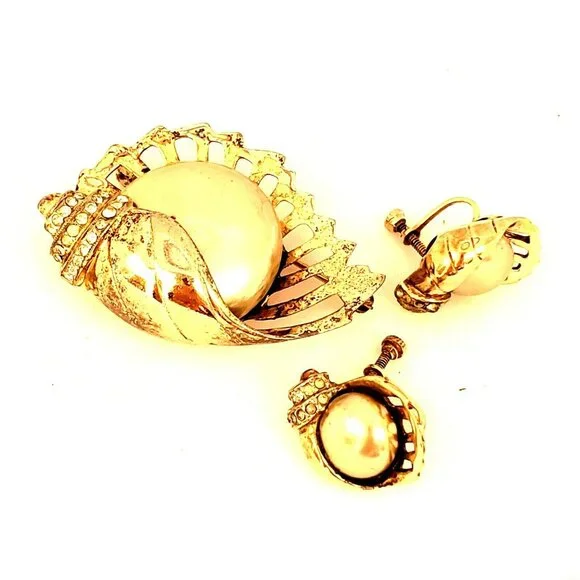 Marslieu Sterling Silver Gold Nautilus Shell Pearl Brooch Earring Set Signed VTG